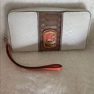 Guess White / cream and Brown Clutch with Gold Accent